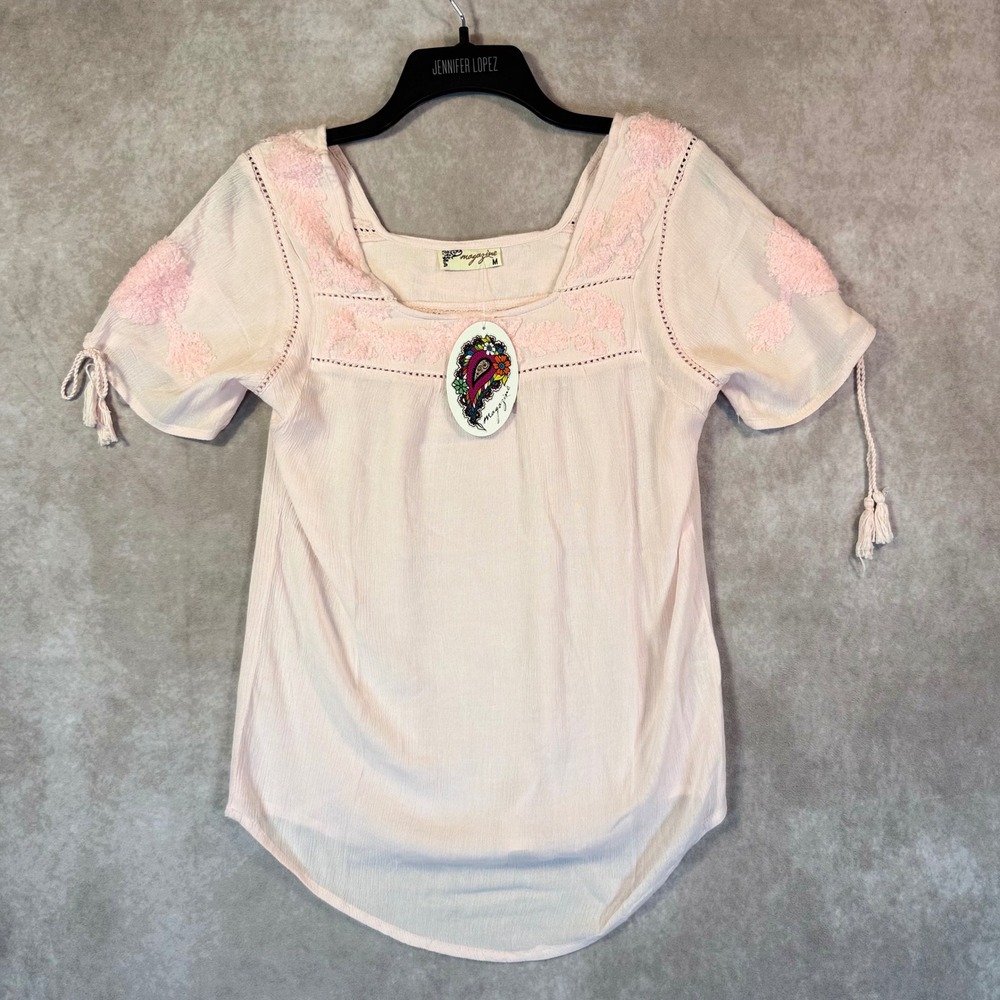 Magazine Blouse Women Medium Pink Embroidered Boho Cotton Cottage Romantic
